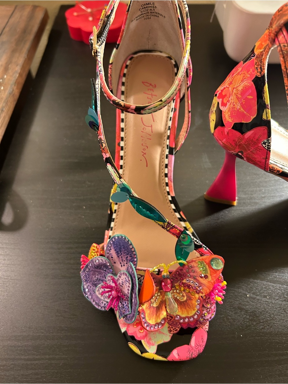 Betsey Johnson Multicolor Floral Embellished Ankle-Strap Heels - Picture 3 of 14